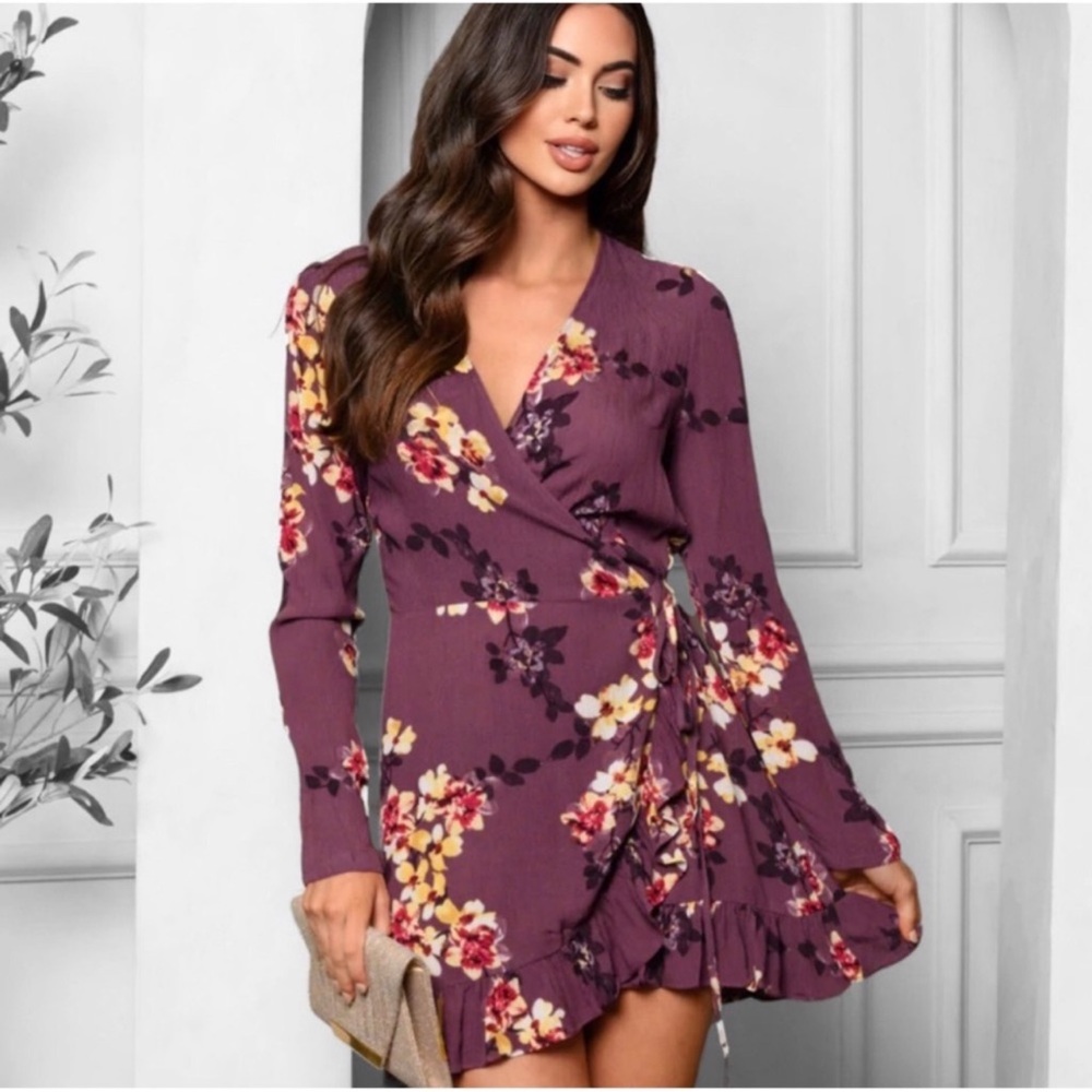 New Plum Orchid Floral Women Spring Long Sleeves Pretty Surplice Wrap Dress
